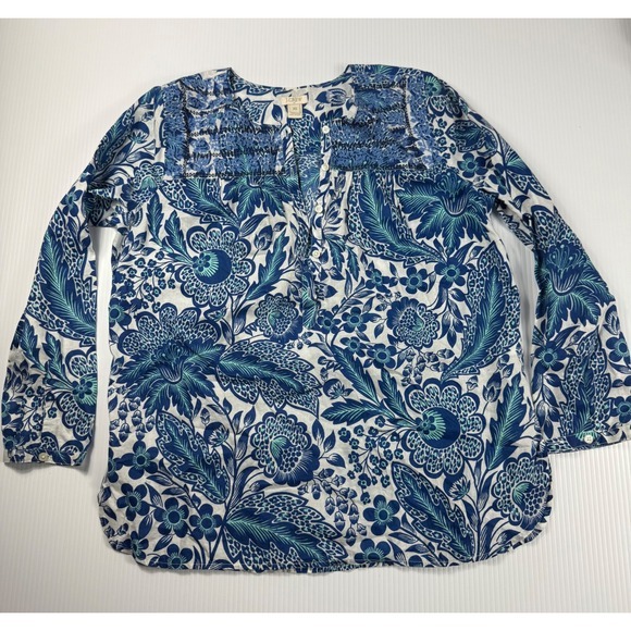 J. Crew Floral Print Blouse Smocked Long Sleeve‎ Top Blue White XS - Picture 1 of 6